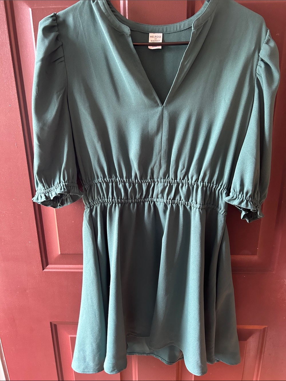 Melrose and Market Teal Puff-Sleeve Smocked-Waist Mini Dress